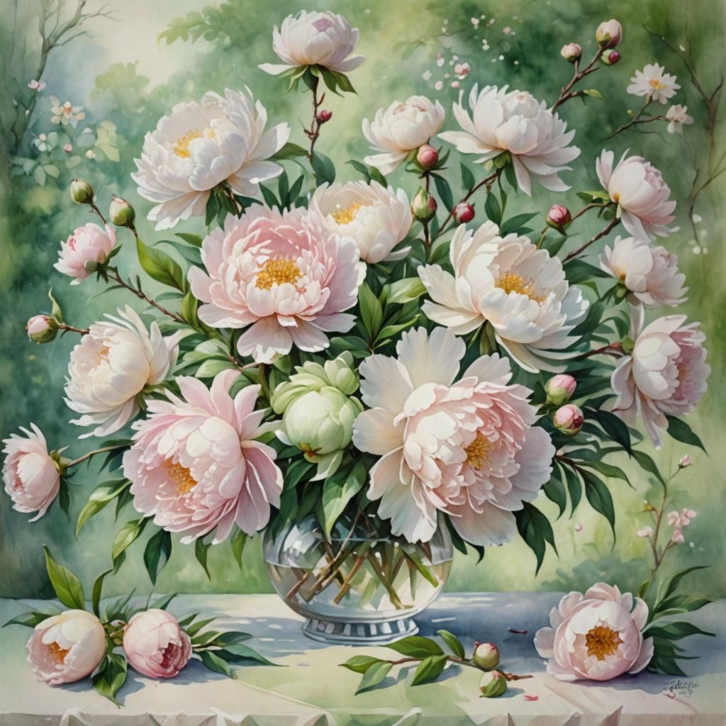 Watercolor Bouquet of Peonies and Cherry Blossoms