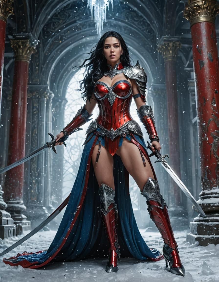 Woman in Red Armor with Sword, Luis Royo Style