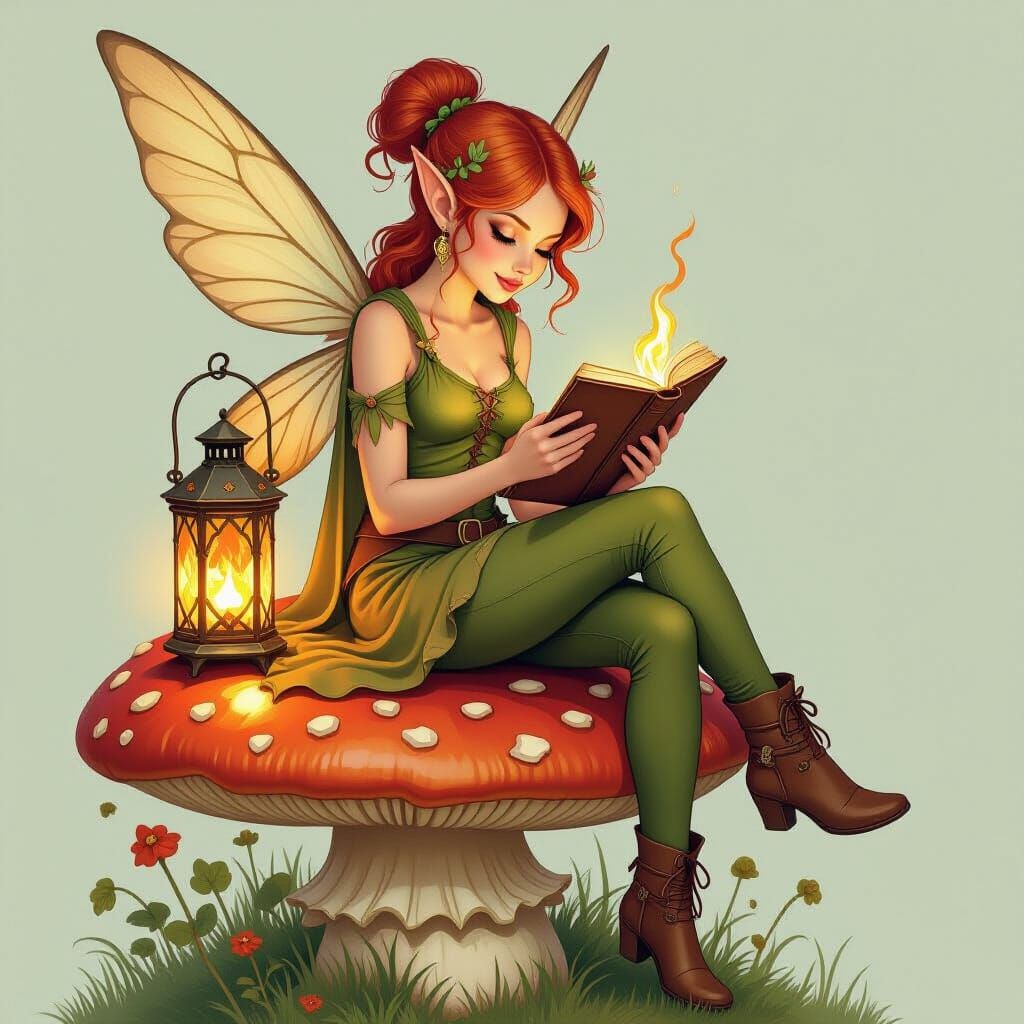 Pixie Reading Book on Mushroom in Arthur Rackham Style