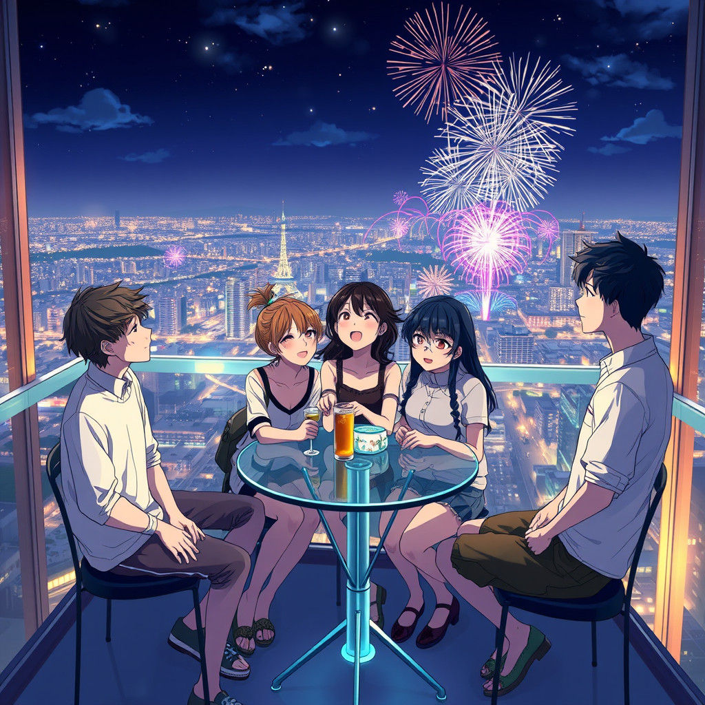 Teenagers on Night Cafe Terrace in Anime Style