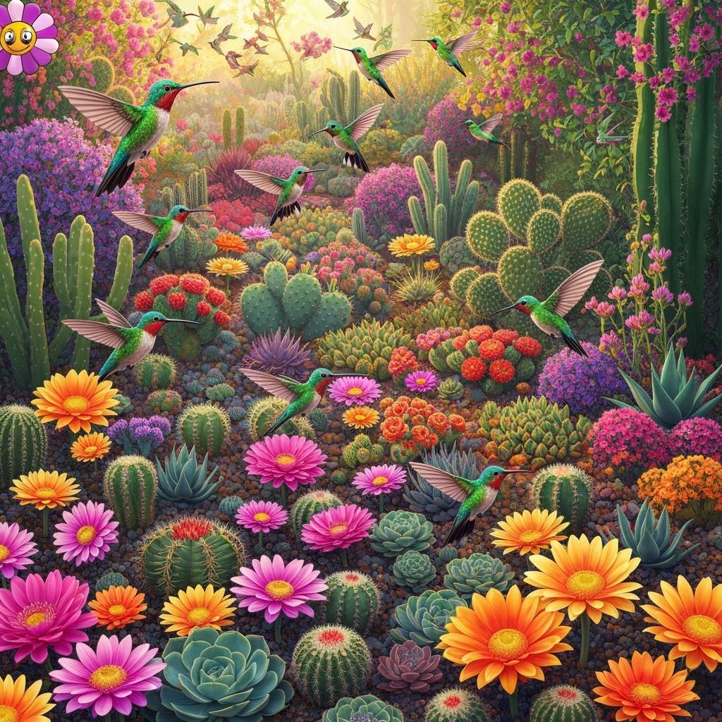 Vibrant Desert Garden with Wildlife, Dreamlike Art