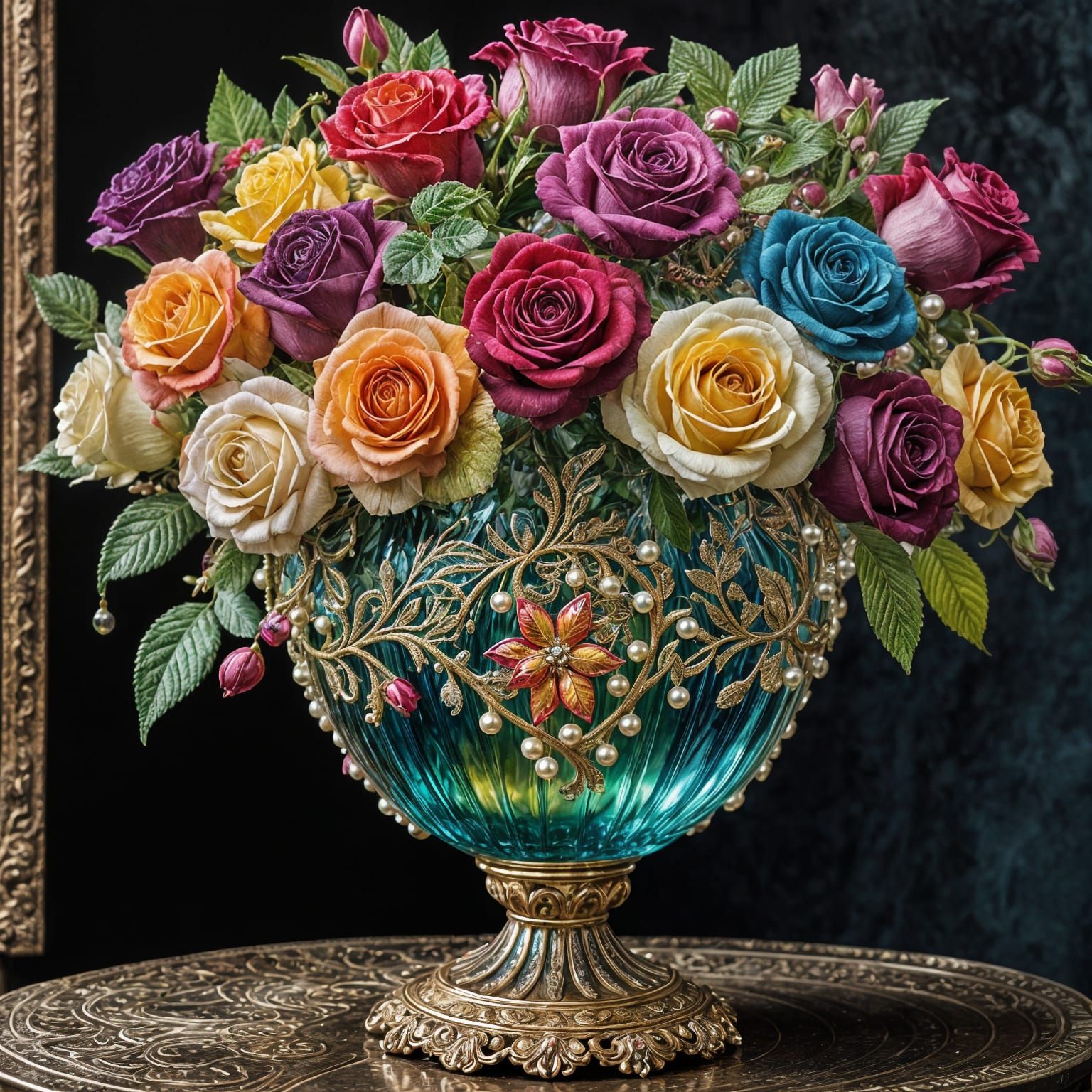 Ornate Vase Overflowing with Multicolored Roses