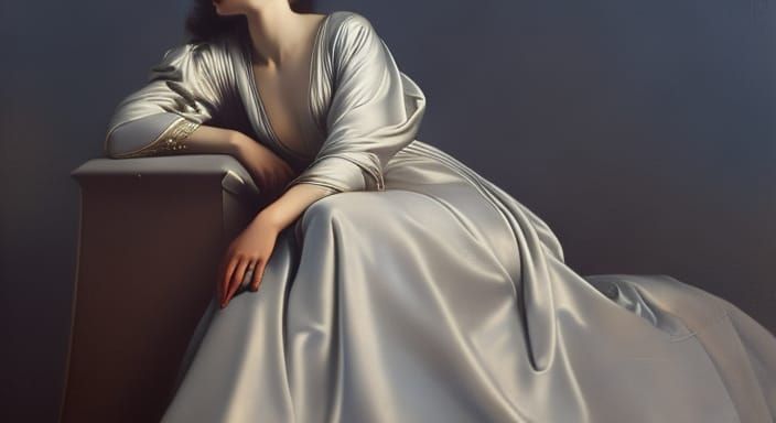 an elegant woman in tasteful satin dressing robe, sitting el...