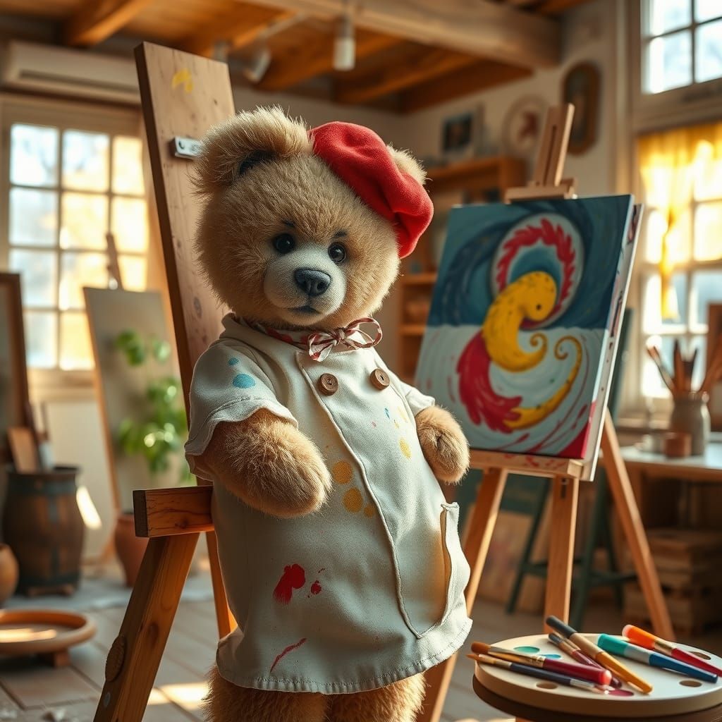 artistic teddy bear proud of his work