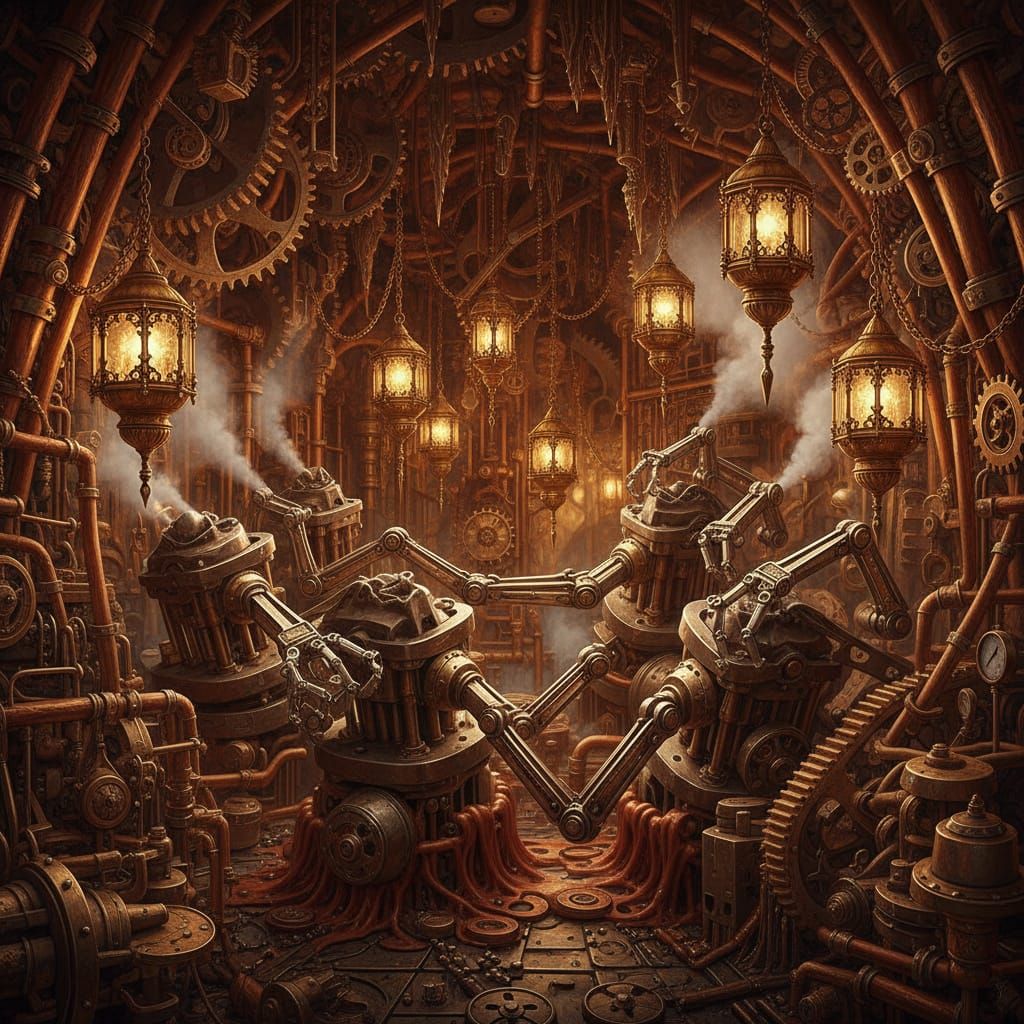 Steampunk Ironing Machines in Glowing Cavern