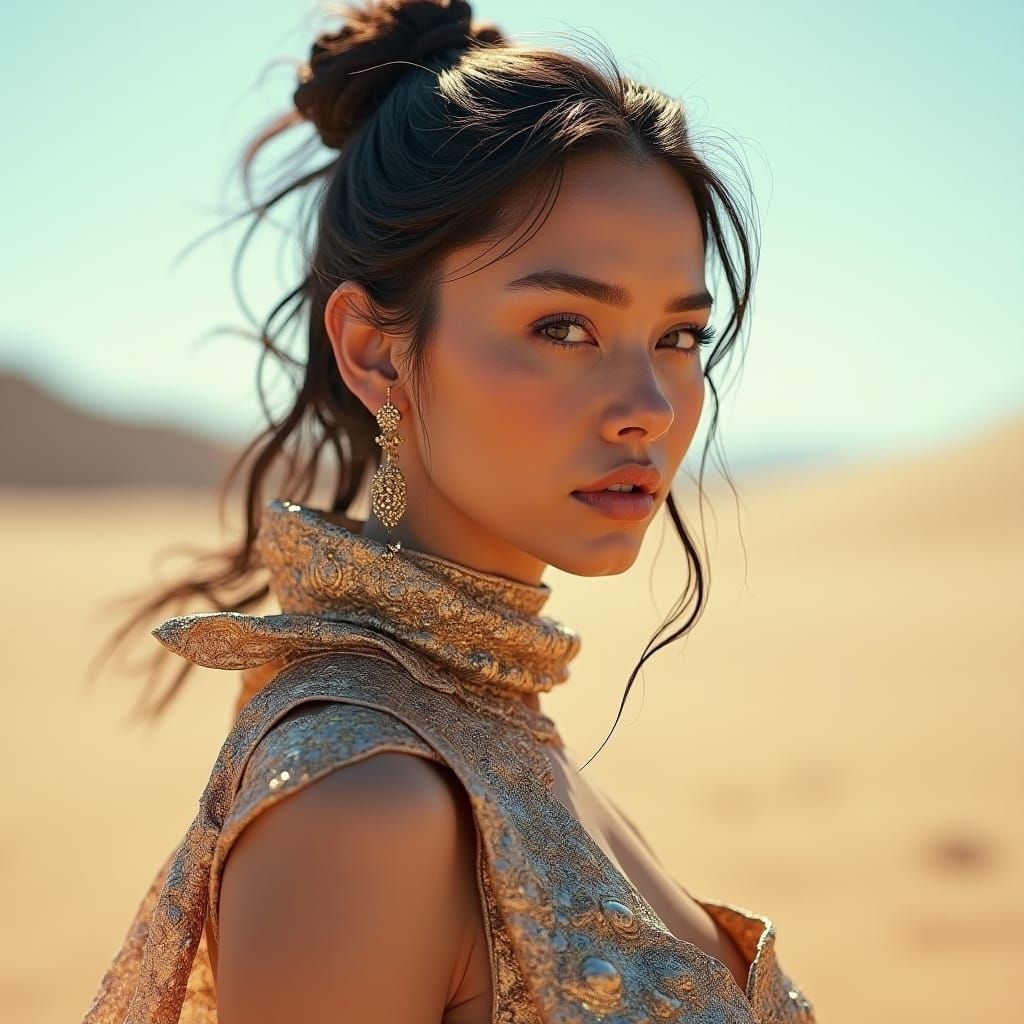 Photorealistic Woman in Iridescent Outfit, Desert Landscape
