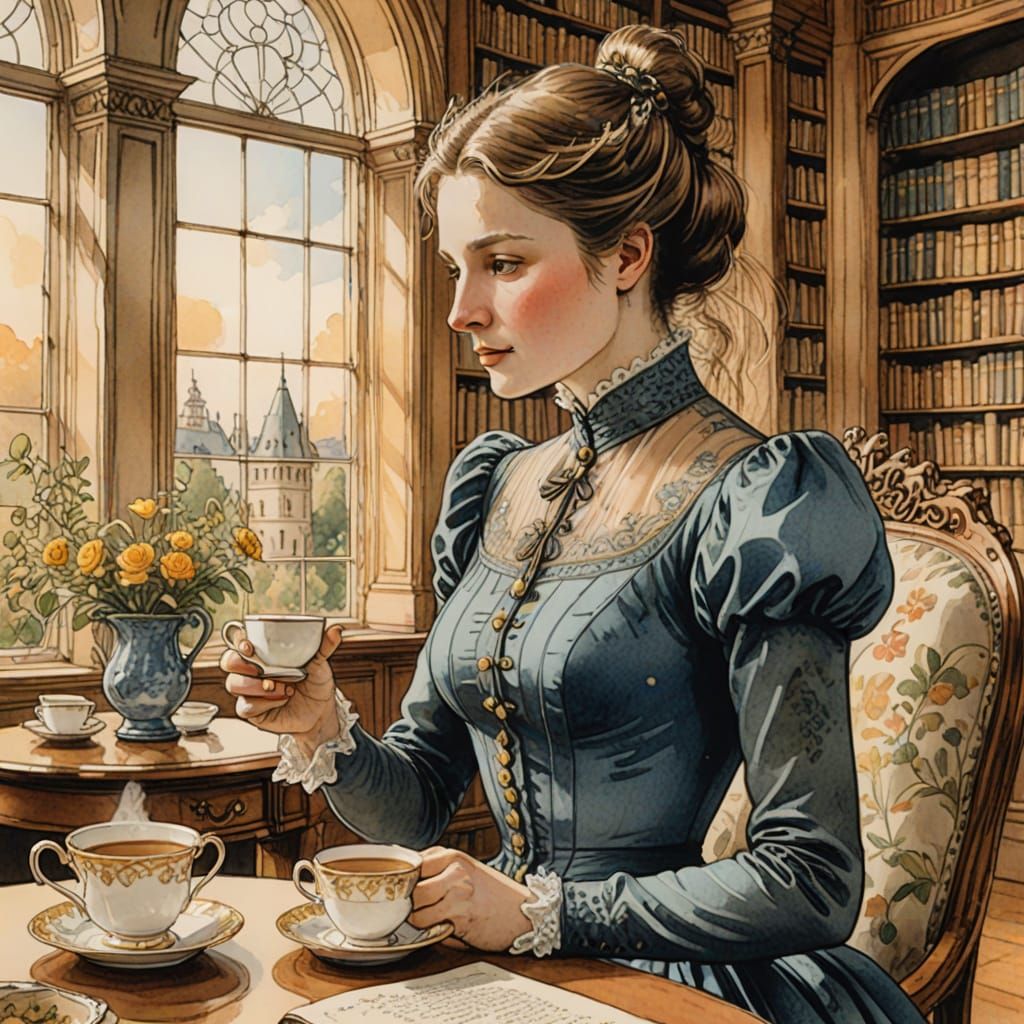 Woman Sips Tea in Grand Library: Whimsical Watercolor Illust...