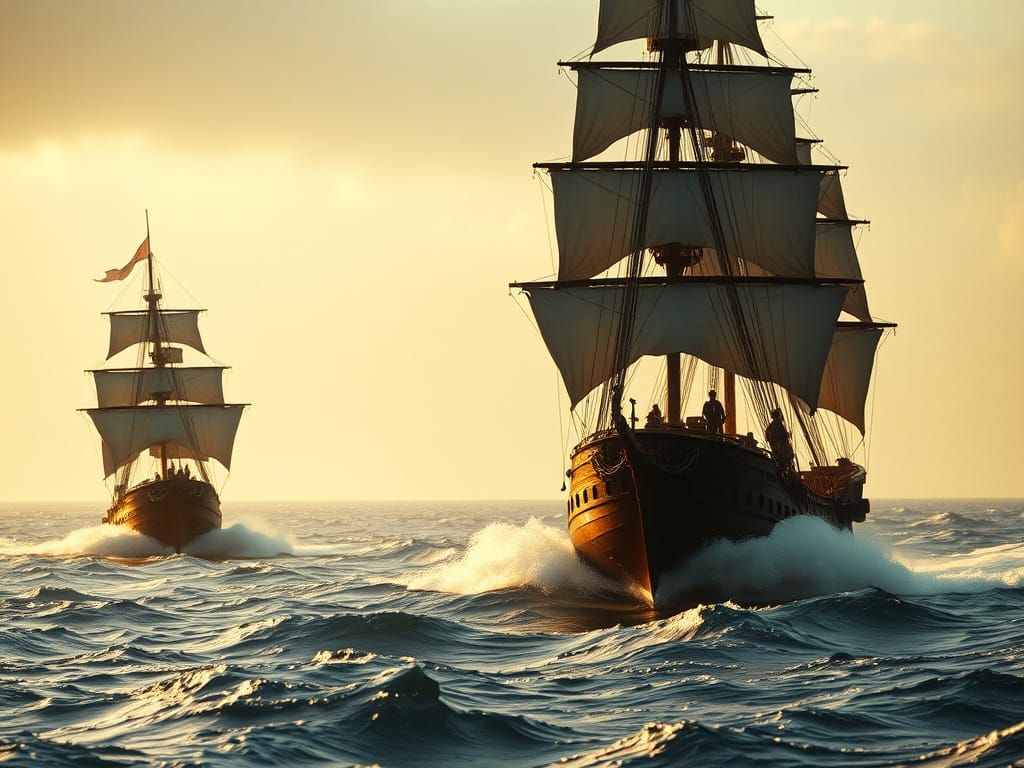 Majestic 18th Century Naval Battle Scene in Golden Light