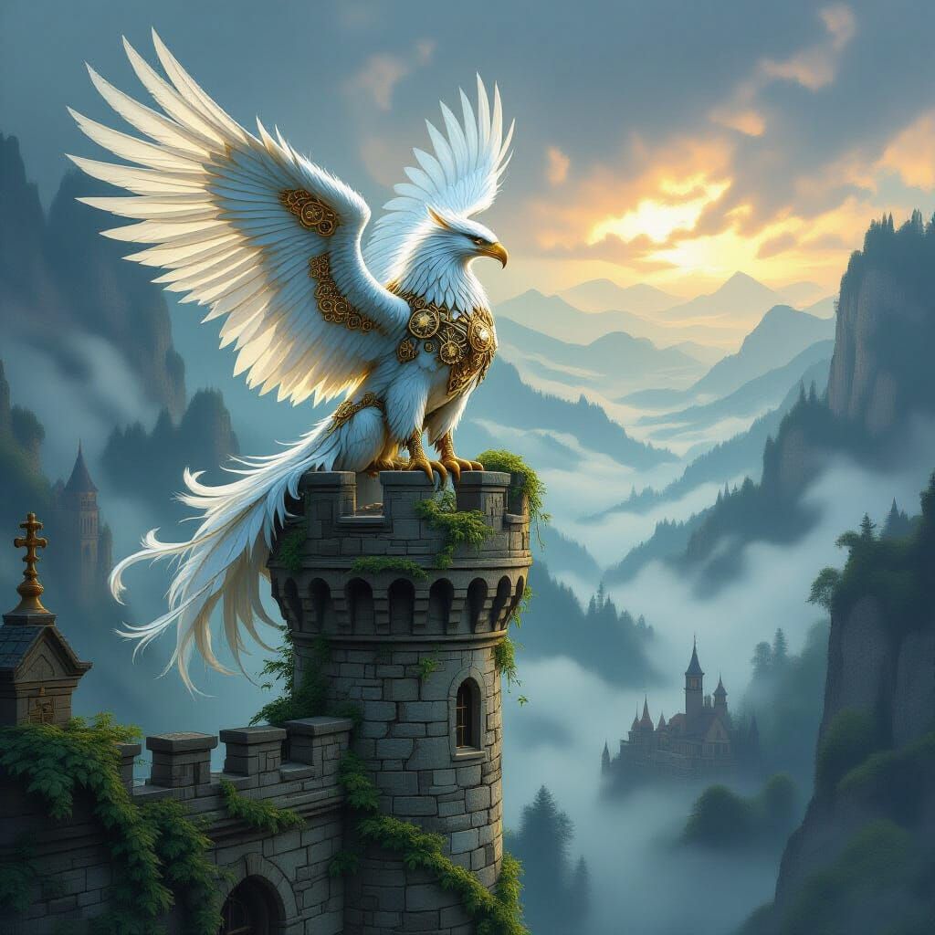 Clockwork Griffin on Castle Turret in Steampunk Style