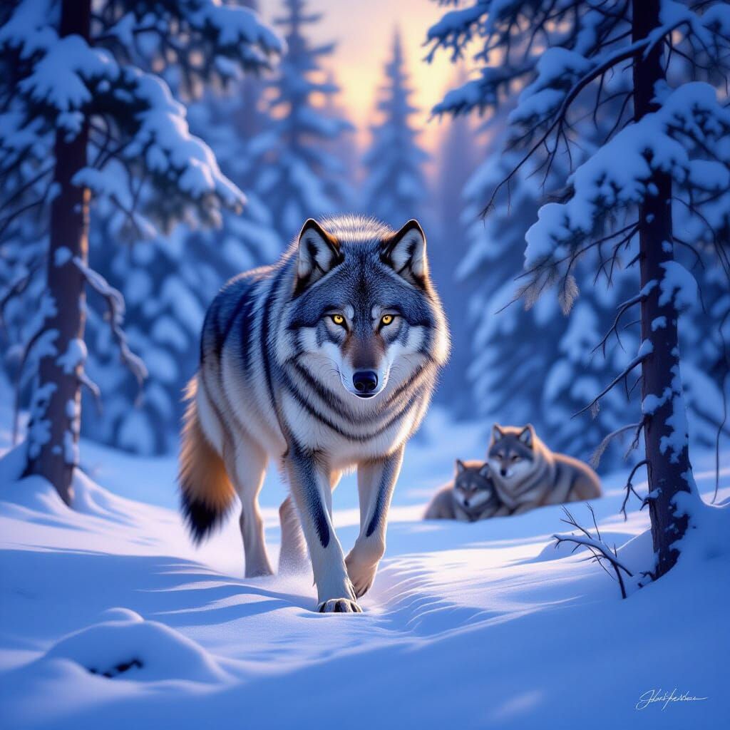 Majestic Wolf Hunts in Snowy Forest at Dusk
