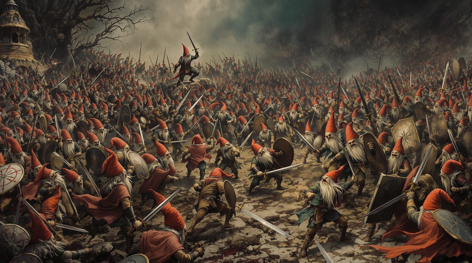 Gnome Battle in Style of Dark Fantasy Oil Painting