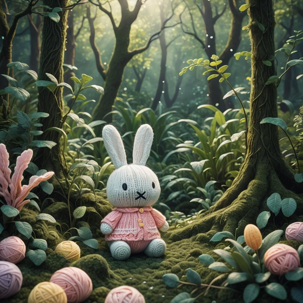 Knitted Yarn Bunny in Mystical Forest, Art Nouveau