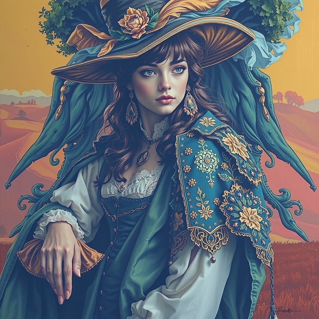 Figure in Antique Clothing in French Countryside