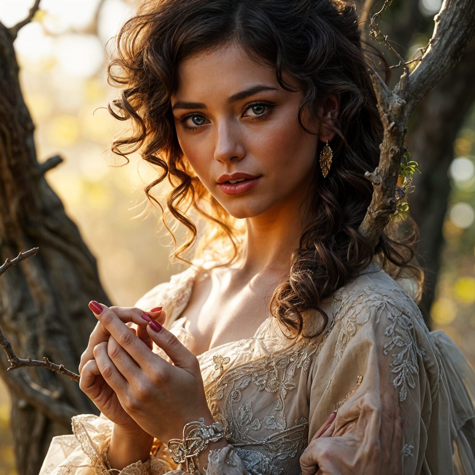 Golden Goddess Unfurls from a Tree in Hyperrealistic Style