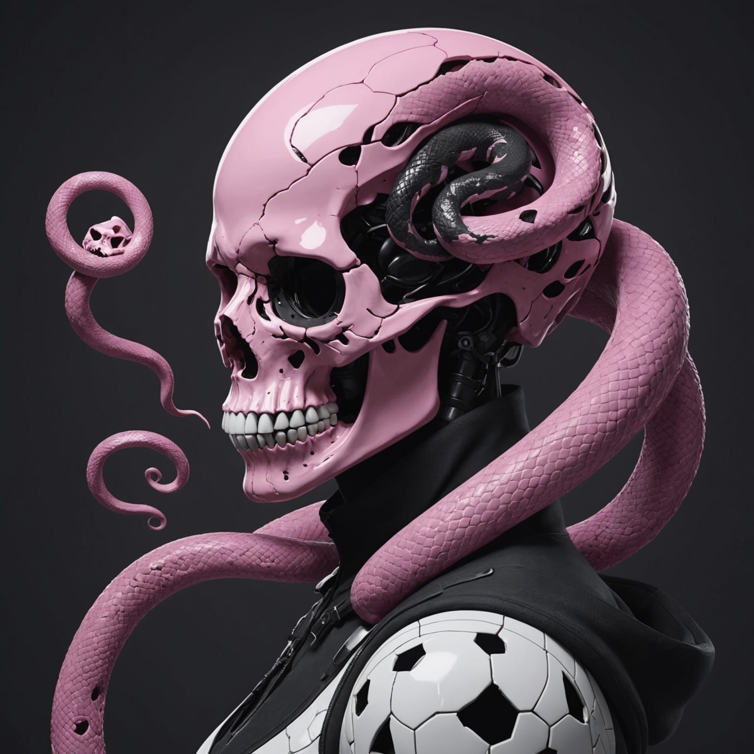 Pink and Black Snake Emerges from Skull: 3D Anime Art