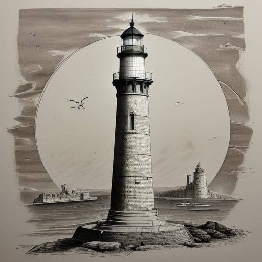 The Lighthouse of Pharos at Alexandria, many layers, light-colored stone, Philip Galle. Ink drawing, crosshatching.