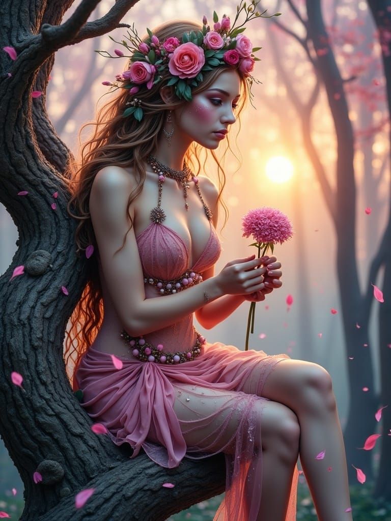 Elven Woman Made of Nature in Watercolor Style