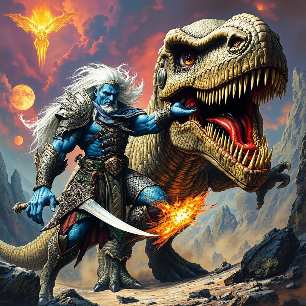 Blue-Skinned Warrior Battles Dinosaur in Fantasy Art