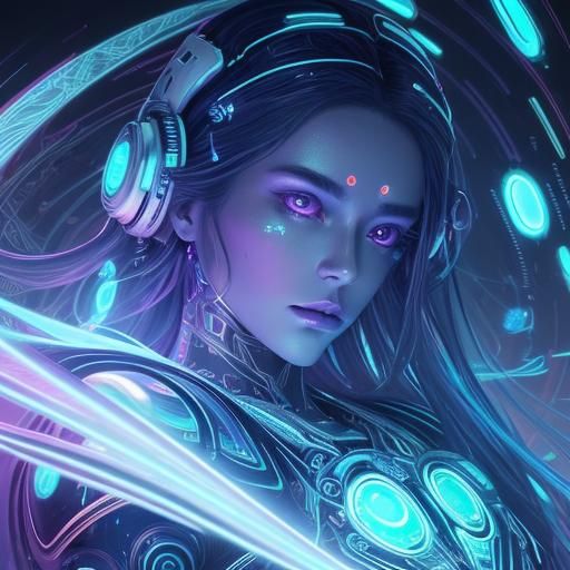 Android Goddess in Space: Surreal Neon Portrait