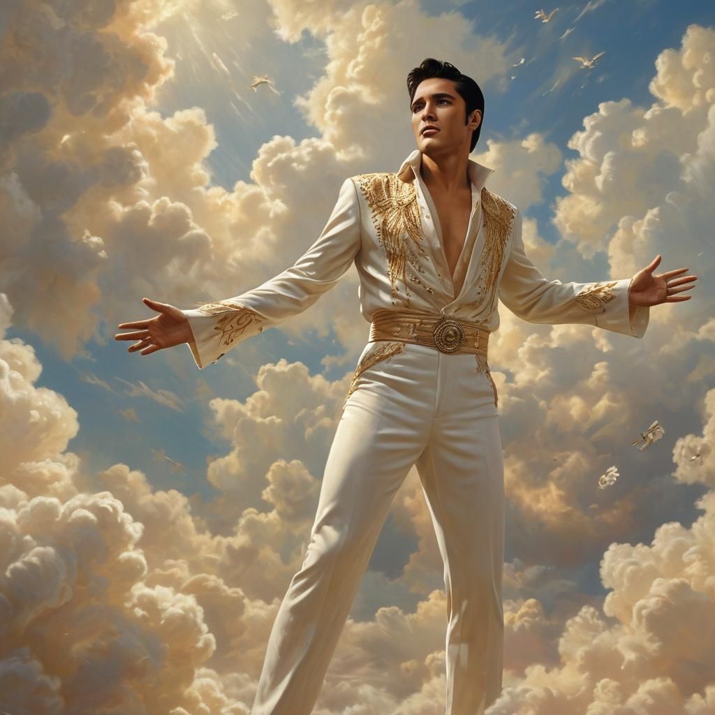 Elvis Presley in Heavenly Cloudscape: Fantasy Oil Painting
