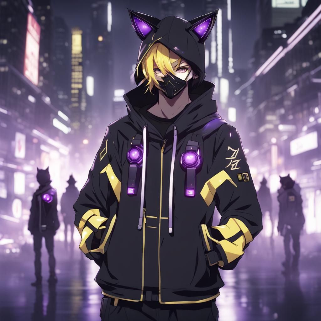 Cyberpunk Character with Futuristic Mask and Cat Ears