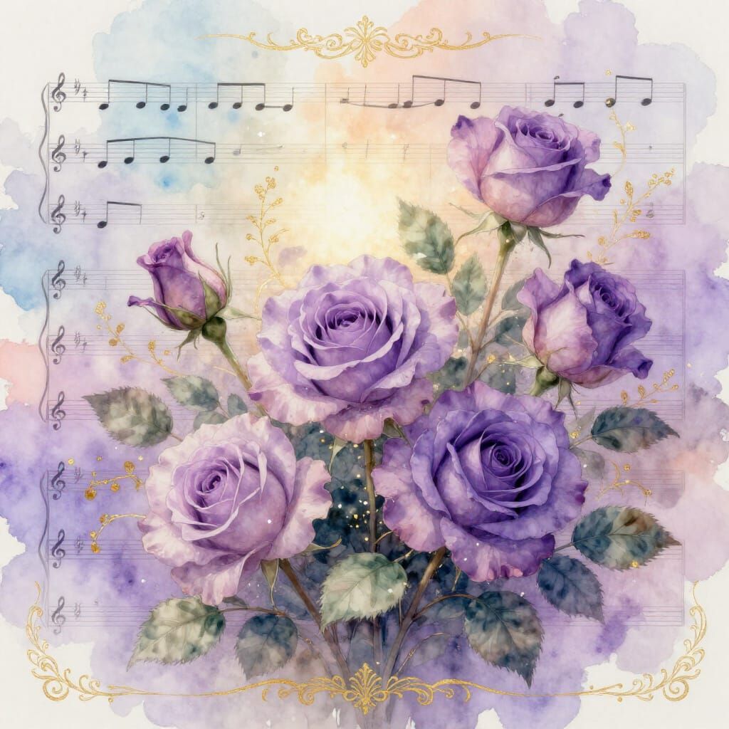 Elegant Mauve Roses with Sheet Music in Watercolor Style