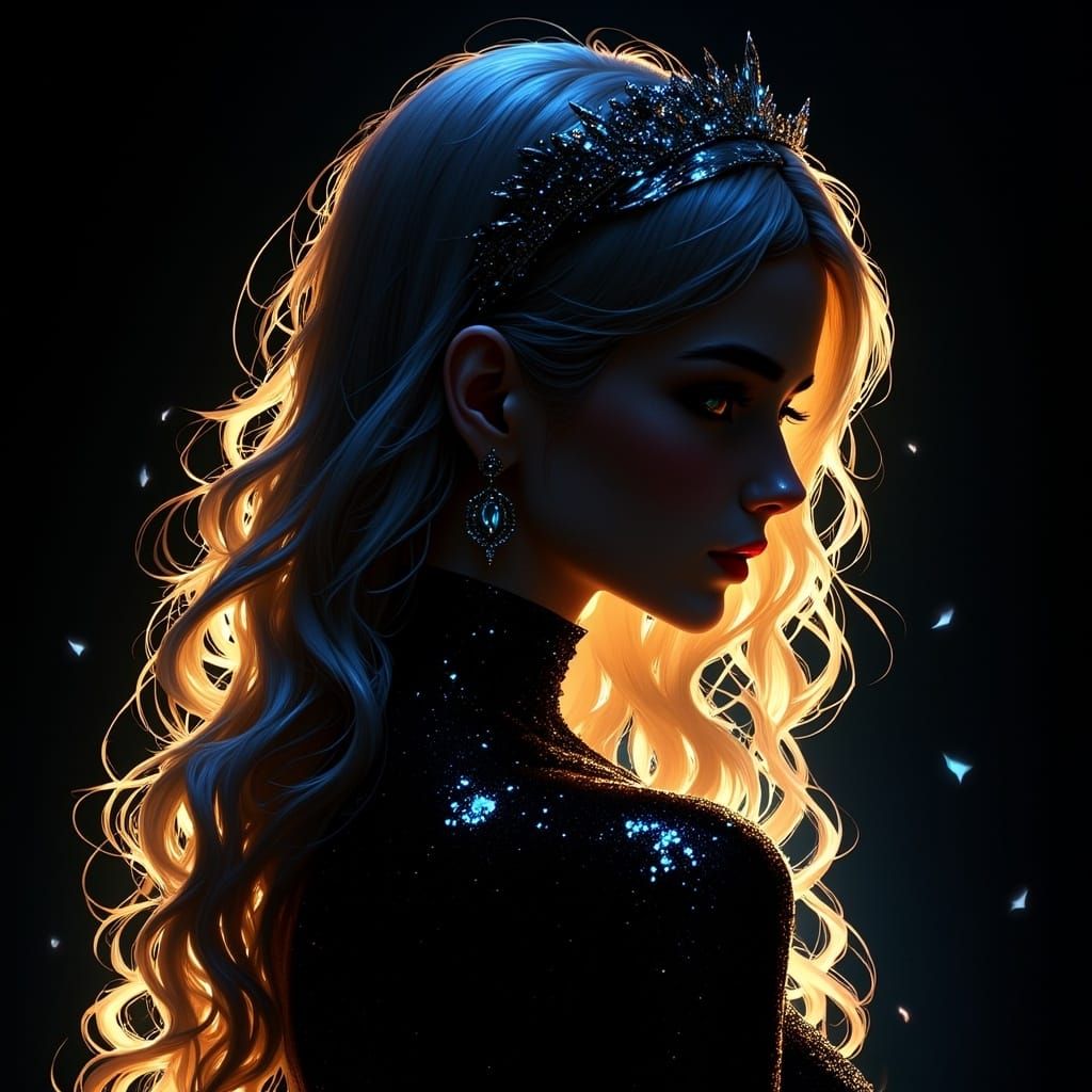 Ethereal Goddess with Shimmering Hair in Neon Glow