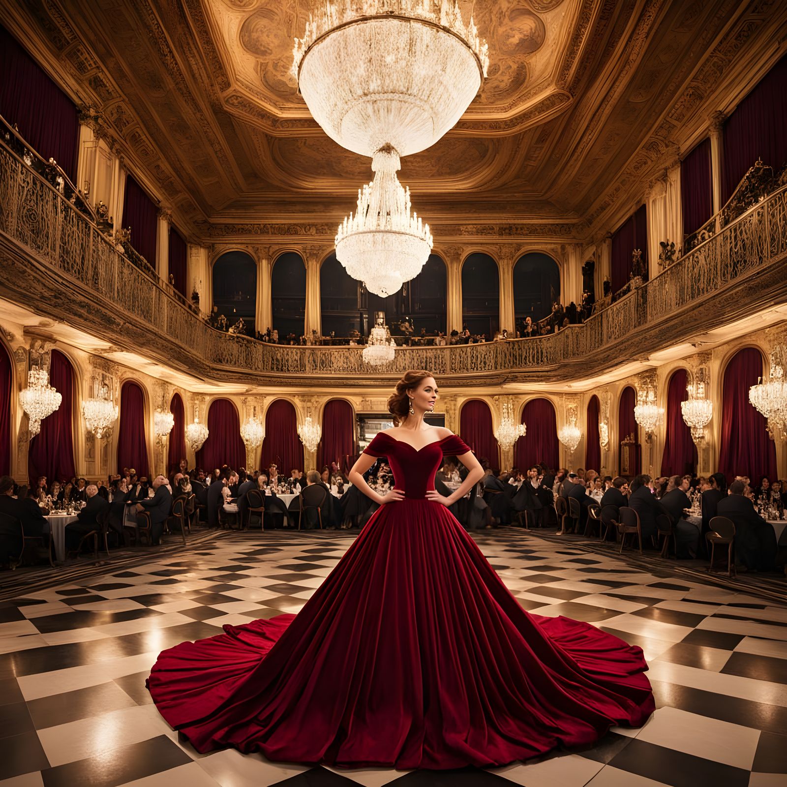 Elegant Woman Dancing in Opulent Ballroom Scene