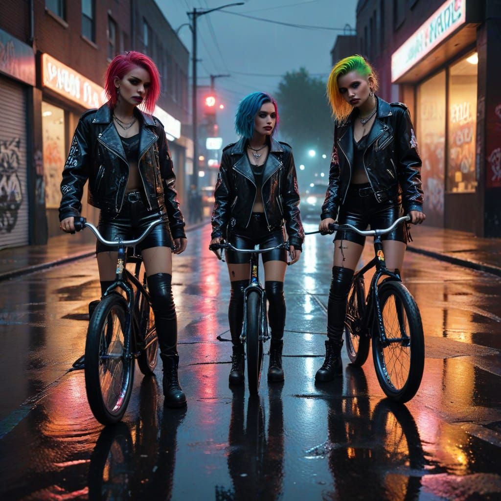 Rainbow Goth Punk Girls Ride BMX Bikes on a Wet Urban Street...
