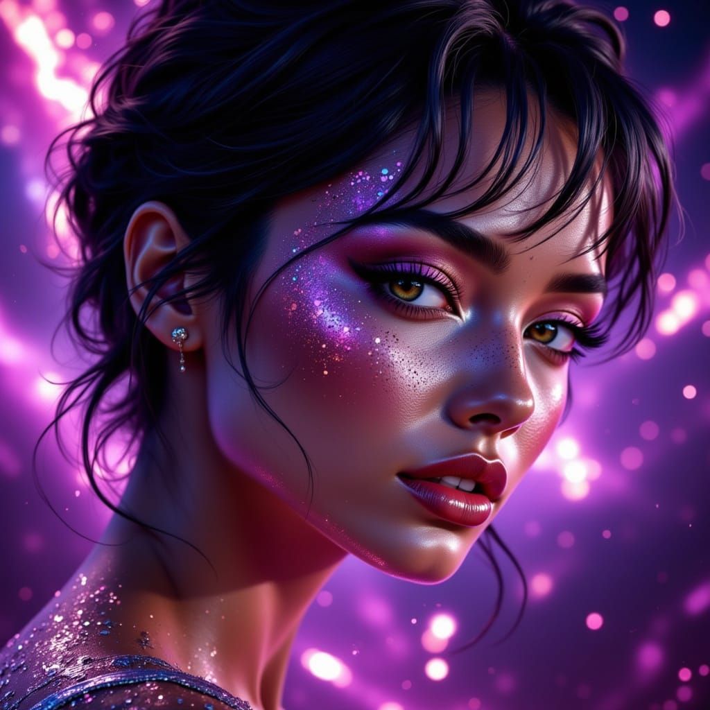 Exquisite Woman with Short Hair in Mixed Media Style