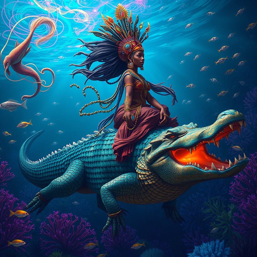 Majestic Goddess Rides Crocodile God in Vibrant Underwater R...