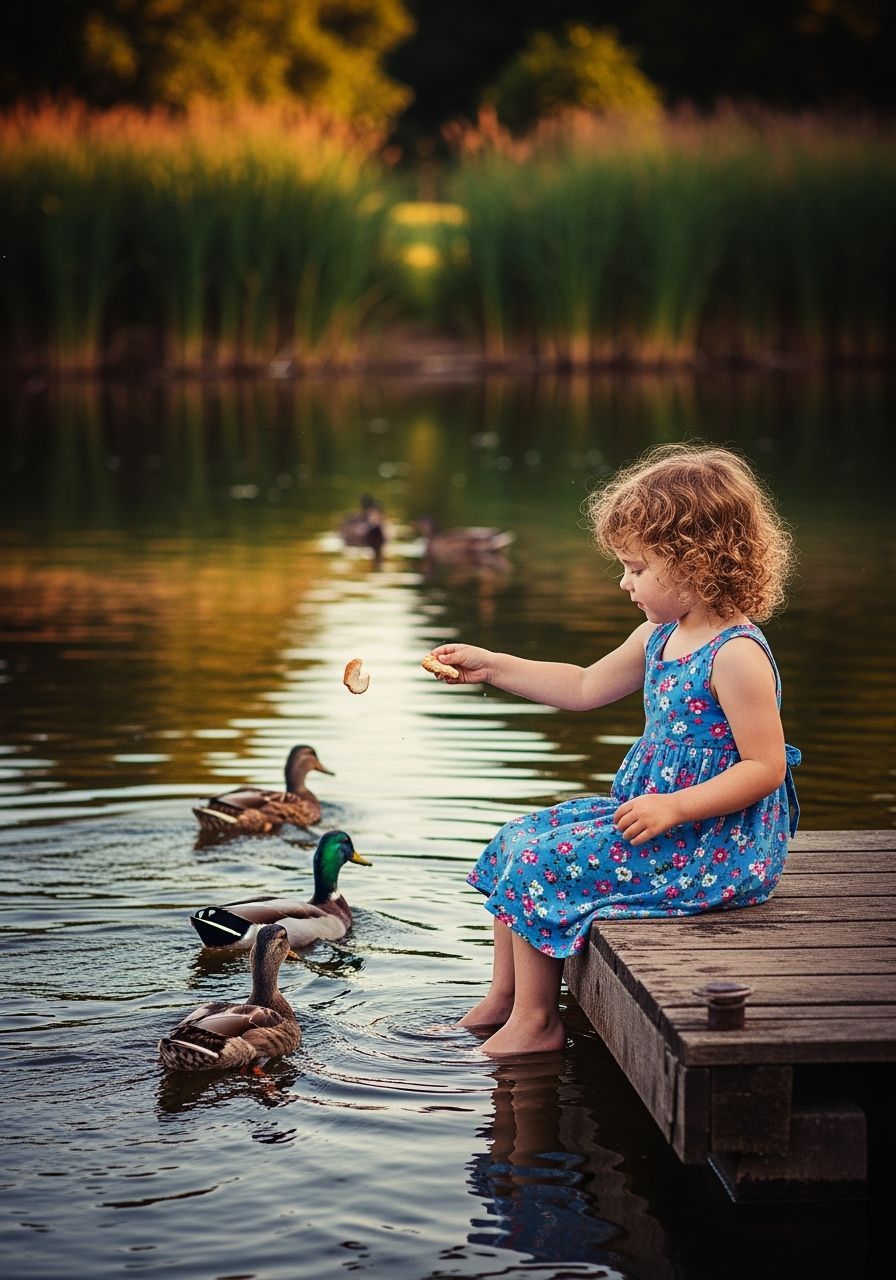 Girl Feeds Ducks in Hyperrealistic Pond Scene