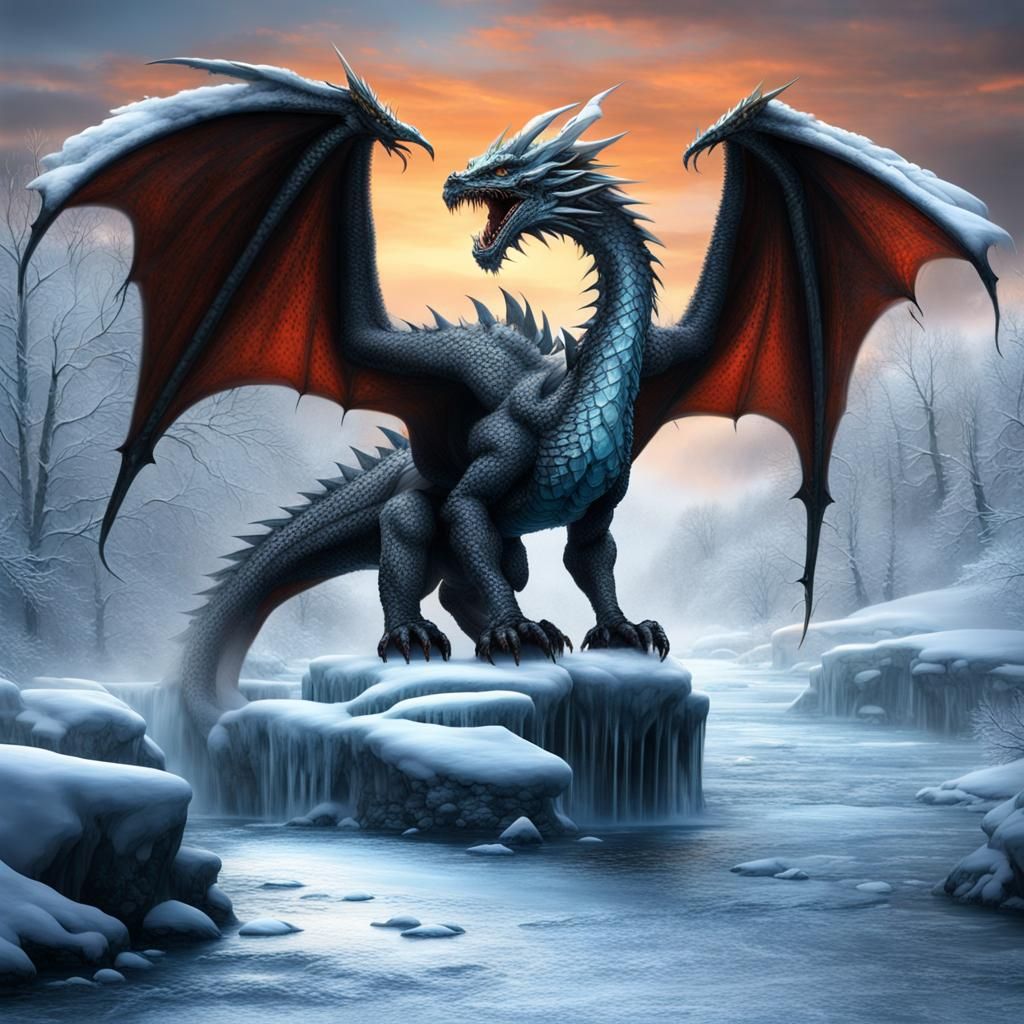 Majestic Dragon Over Frozen River at Dusk