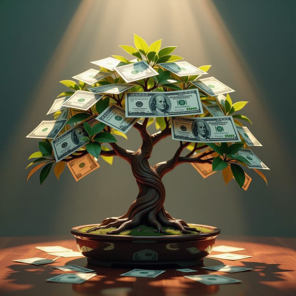 Money Tree Crafted from Canadian Bills in Dramatic Lighting