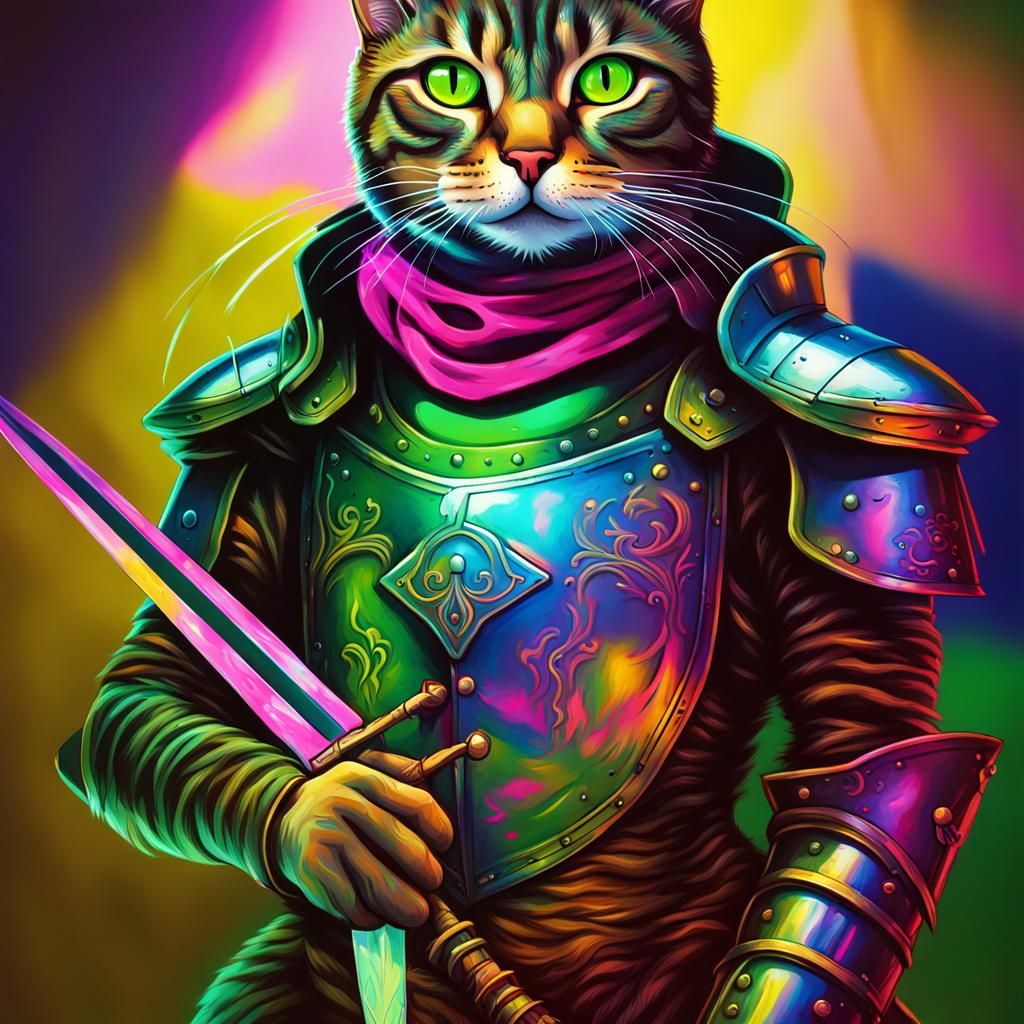Knight in Shining Fur: The Majestic Blacklight Tabby Cat and Its Sword-Wielding Splendor!