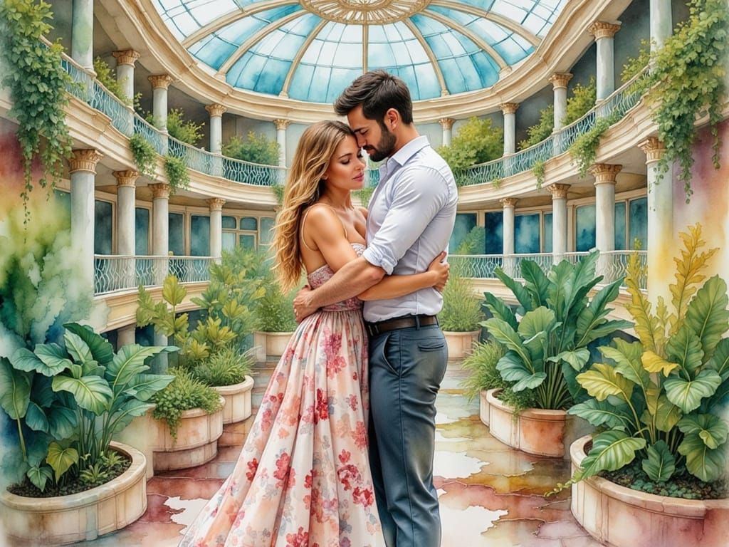 Couple Embrace in Lush Cruise Ship Atrium