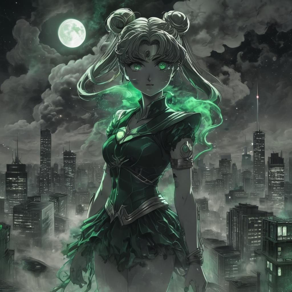 Heroic Sailor Moon Amidst Urban Mist and Darkness