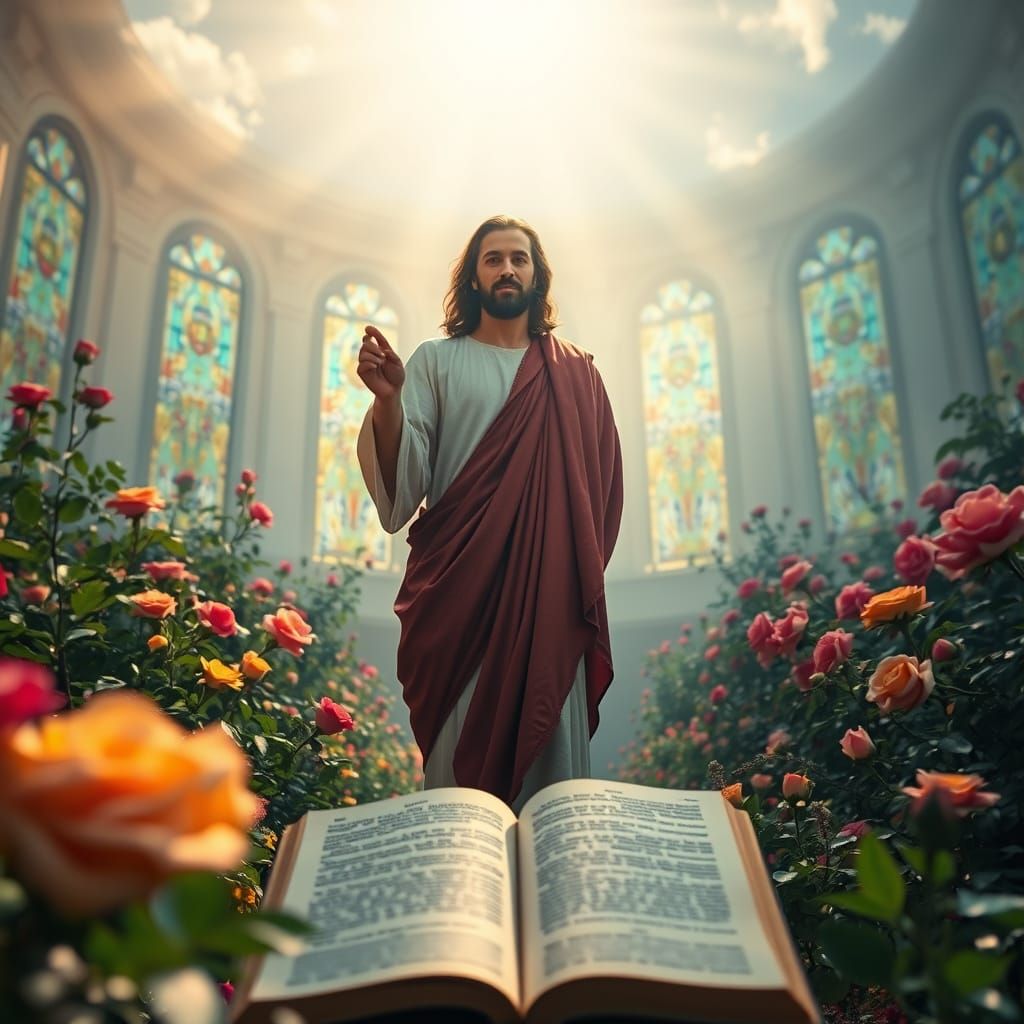 Jesus Christ in Temple Garden with Golden Light