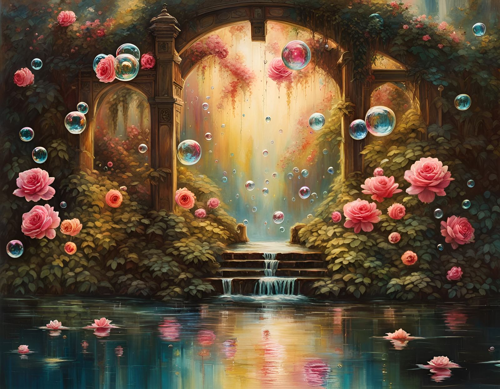 Bubbles Filled with Roses Floating in Pond, Oil Painting