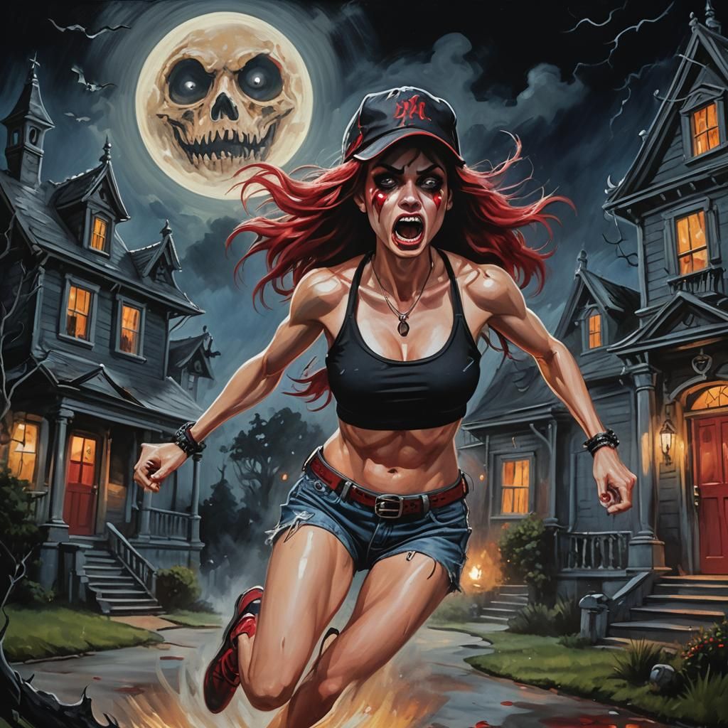 Woman Fleeing Haunted Mansion in Dark Fantasy Art