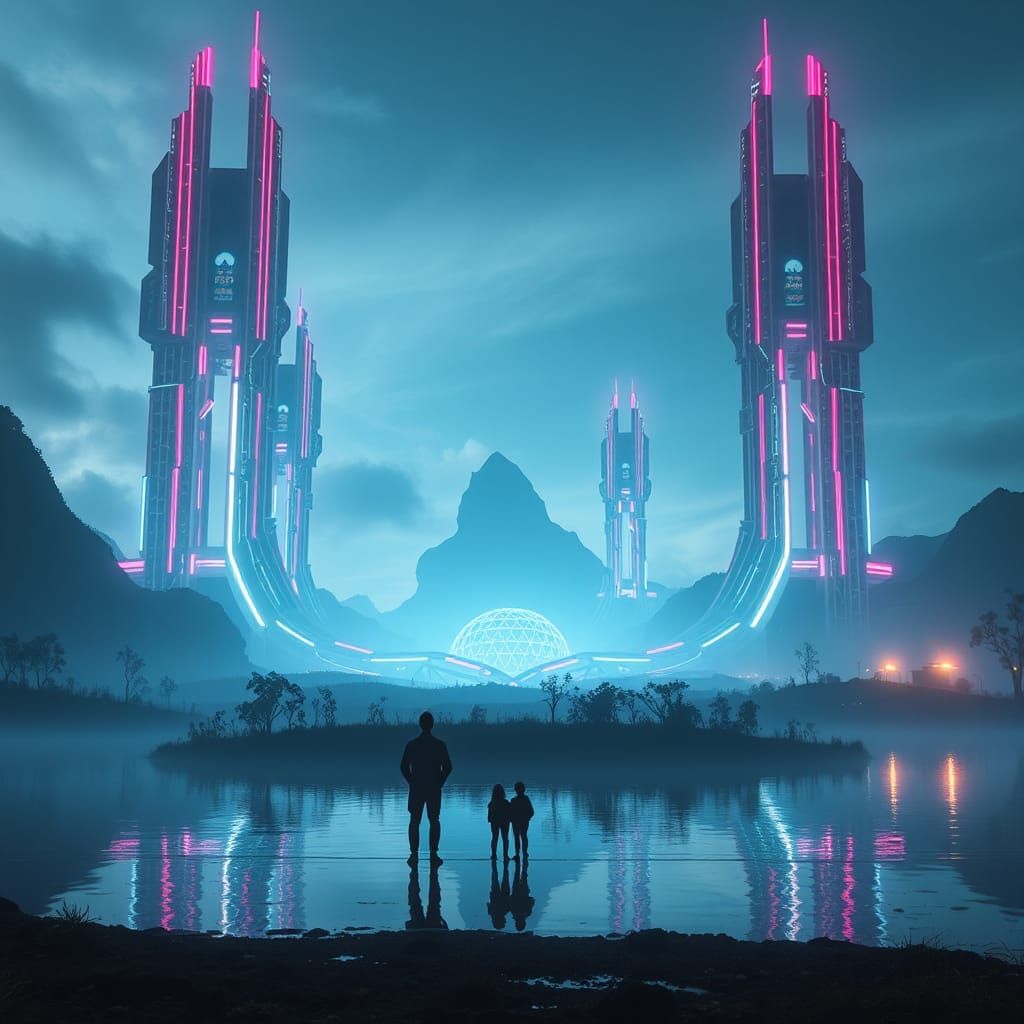 Futuristic Cityscape with Neon Lights in Cyberpunk Style