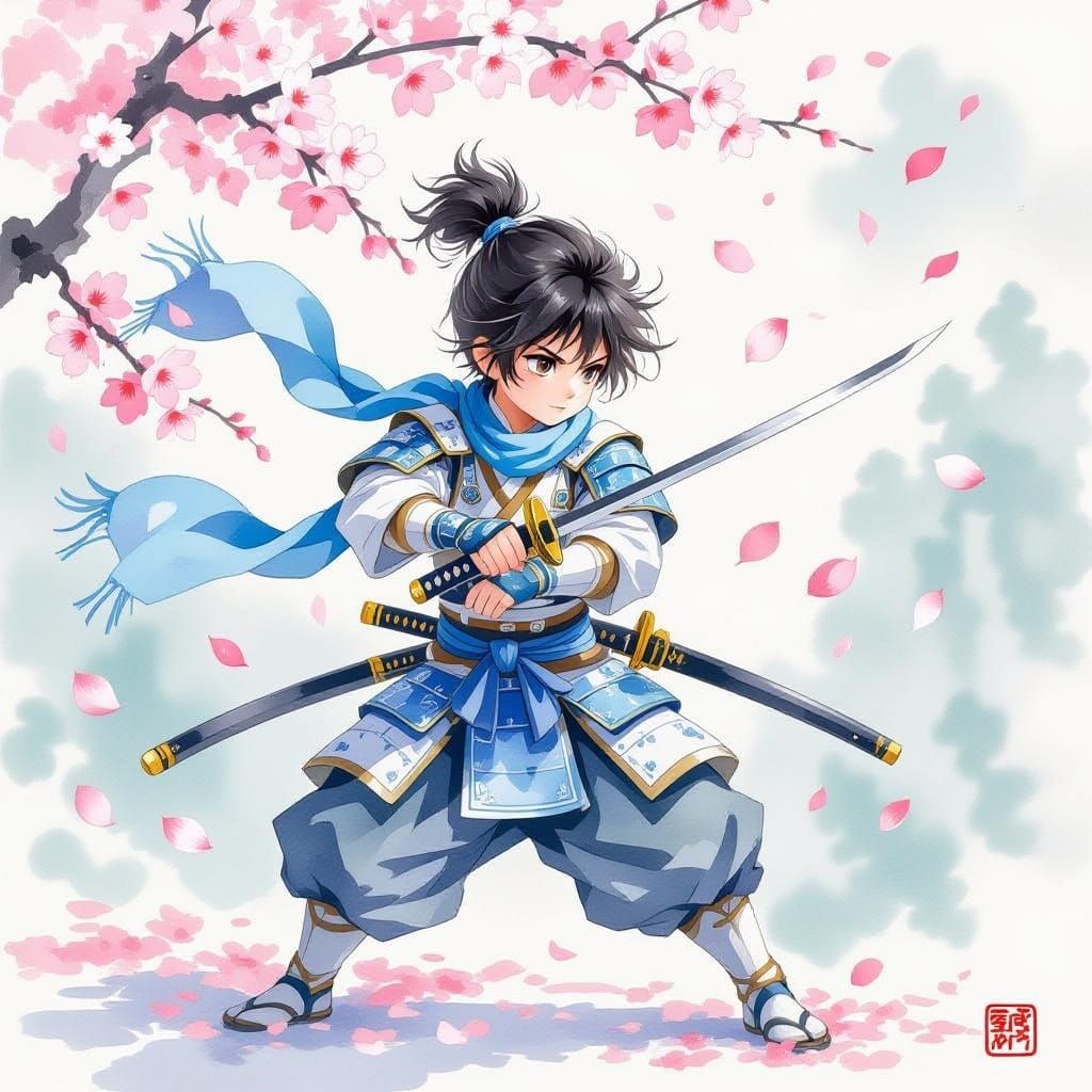 Japanese Warrior Boy in Ethereal Watercolor Style