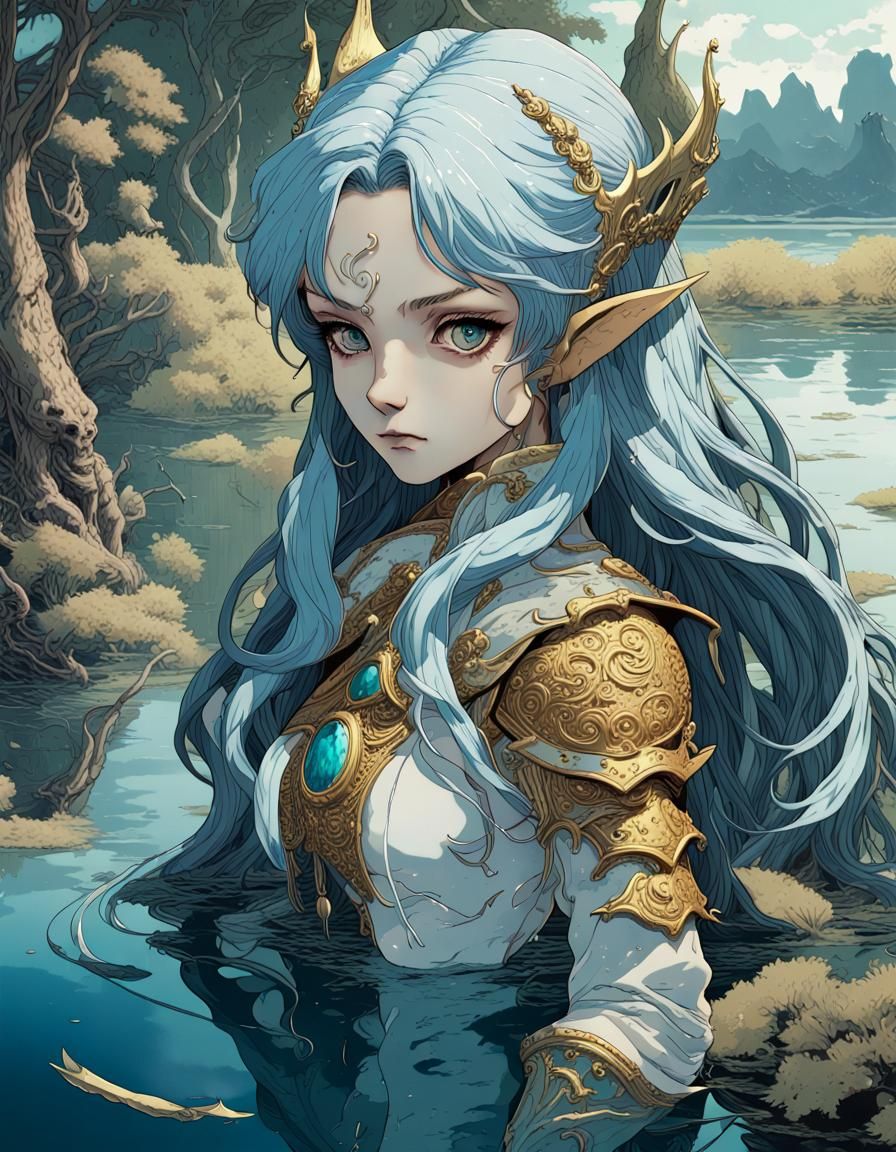 1980’ anime video game by Katsuya Terada, Mark Brooks, Elf princes in a lake, big detailed anime art, portrait, hdr, com...