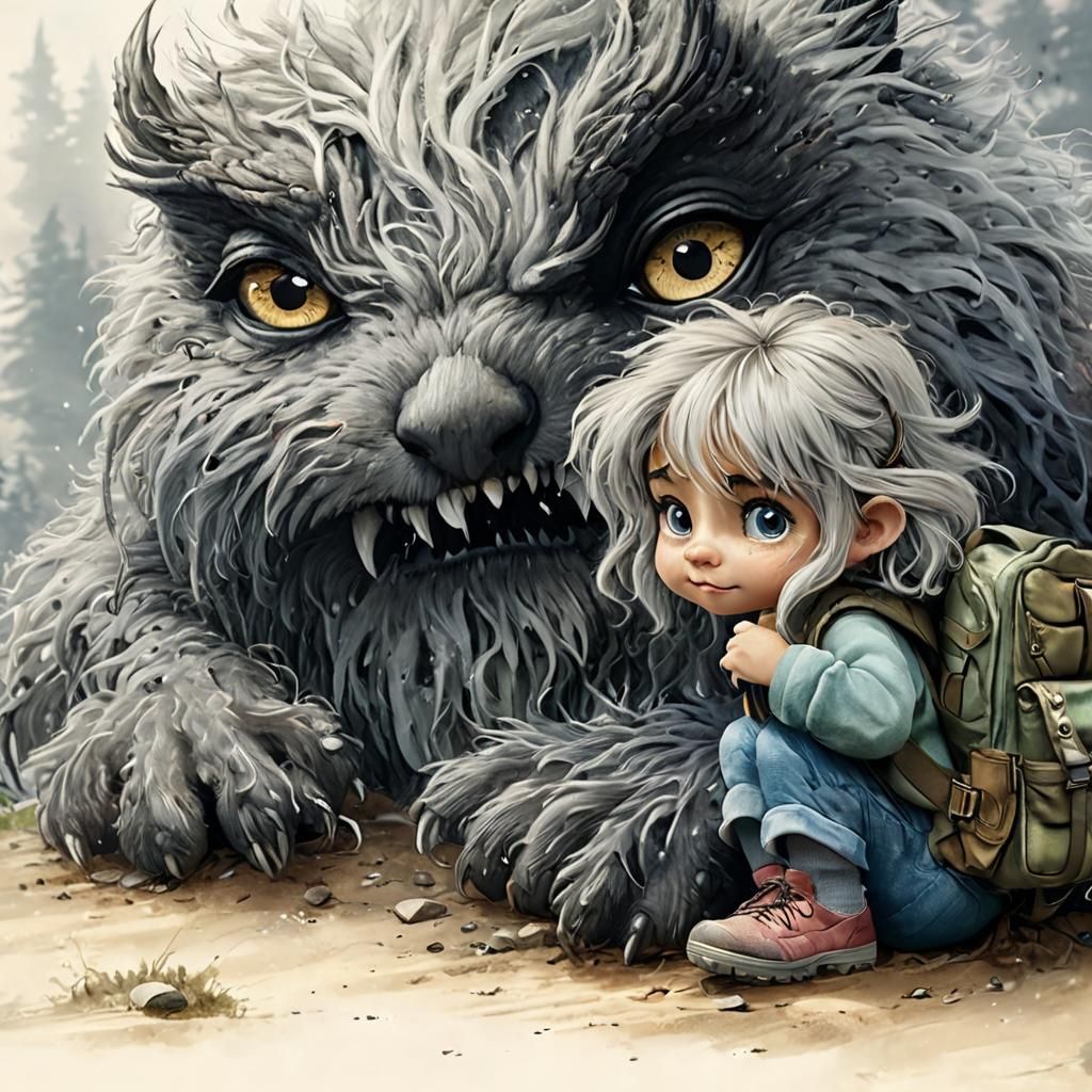 Scared Creature Comforted by Girl: Ink Drawing