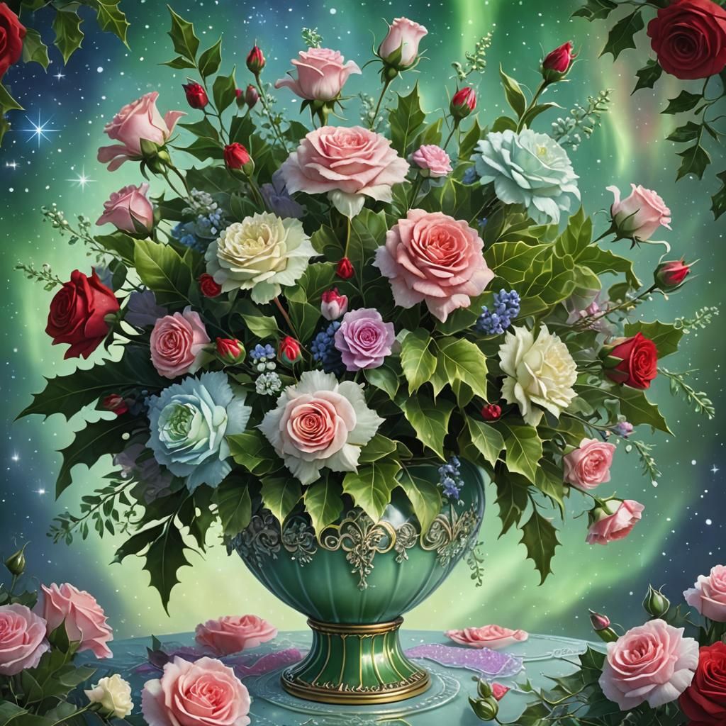 Ornate Floral Still Life with Aurora Background