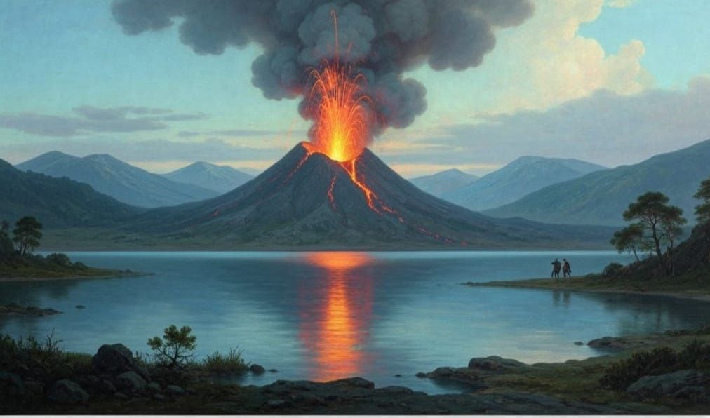 Volcanic Lake Eruption in Colorful Oil Painting Style