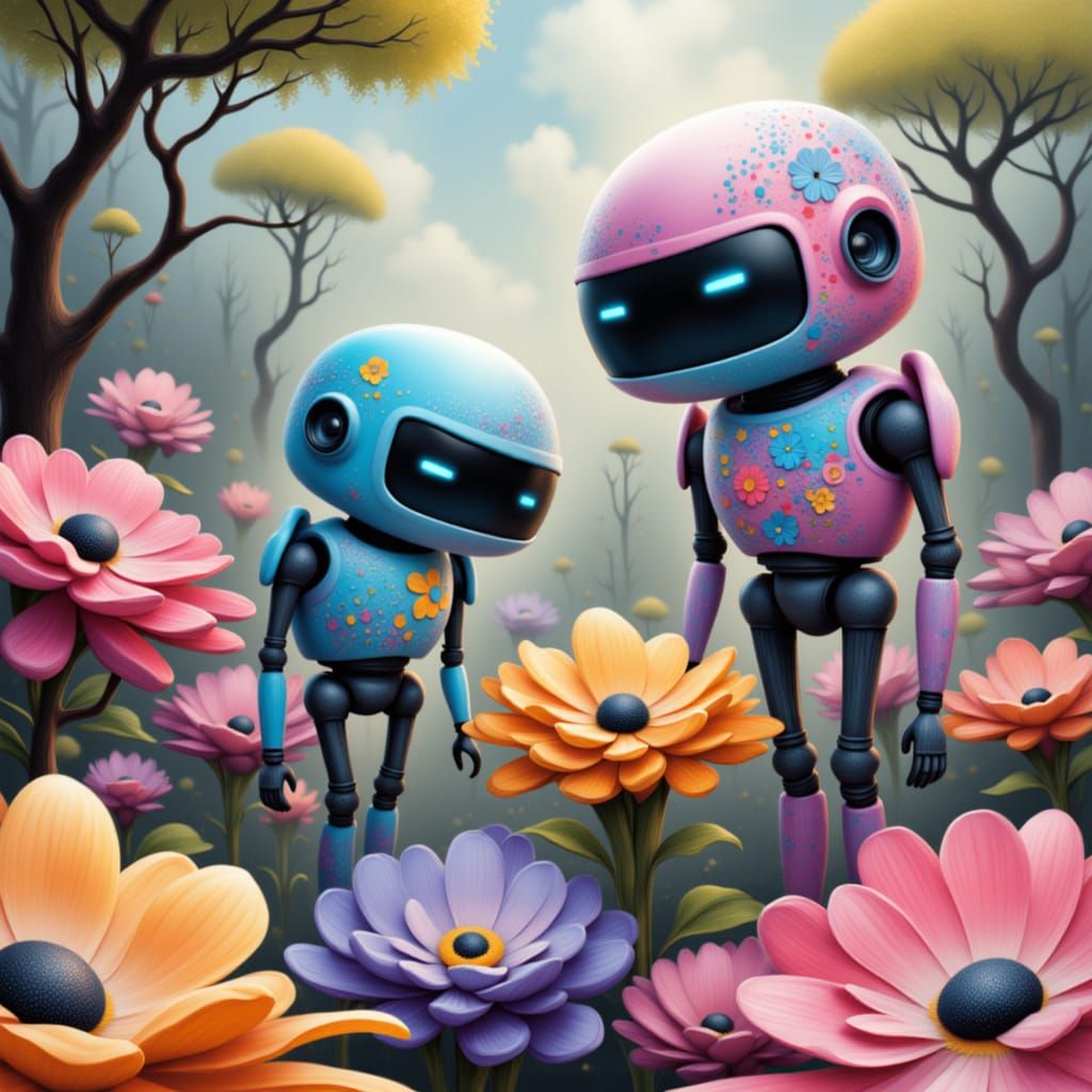 Cute Robots in a Frosty Flower Garden