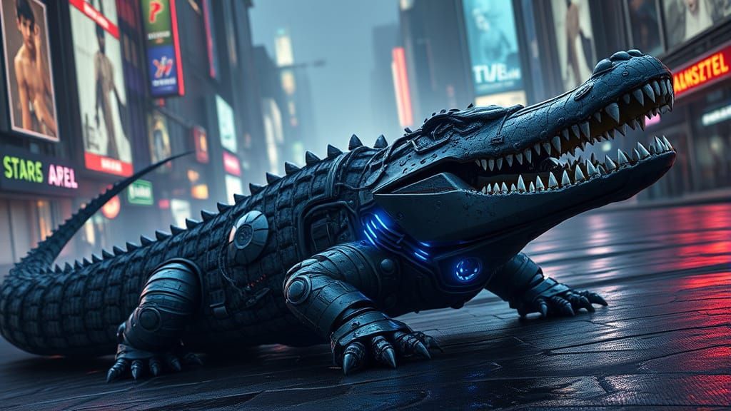 Cybernetic Crocodile in Gritty Dystopian Cityscape