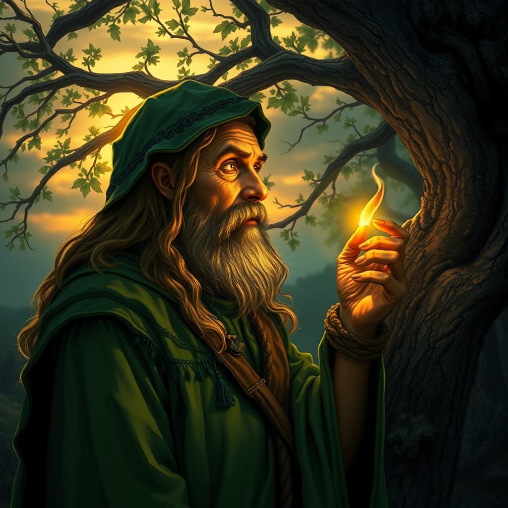 Druid Harvesting Mistletoe in Mystical Forest