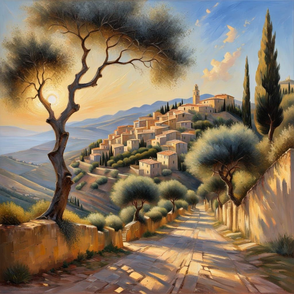 Mediterranean Village Landscape in Oil Painting Style